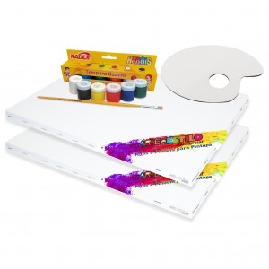 Kit de Pintura contendo 2 Telas + 6 Cores de tintas + 1 Pincel + 1 paleta para tintas