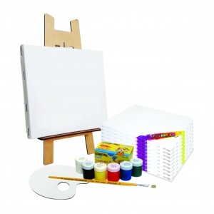 Kits de Pintura contendo 20 Mini Cavaletes + 20 Telas para Pintura + 20 Caixas de Guache + 20 Pincéis + 20 Paleta para tintas