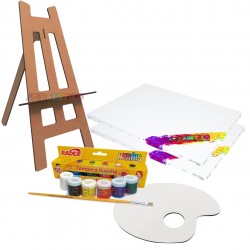 Kit de Pintura c/ 01 Mini Cavalete + 02 Telas + 06 Cores de tintas + 01 Pincel + 01 Paleta para tintas