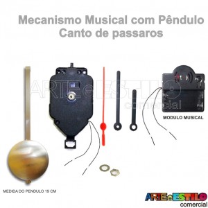 1 Máquina de relógio eixo 17 com Pêndulo + Modulo Musical com som de Pássaros