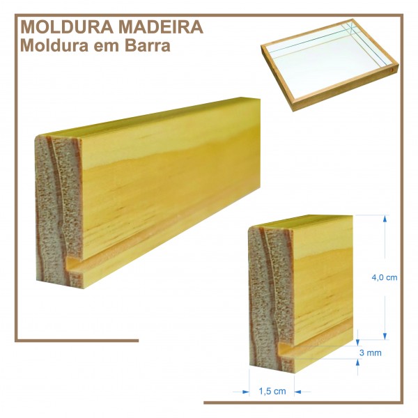 Moldura em Barra em Madeira Natural para Bandeja Perfil 4x1,5 cm - Barras com 2,7 m