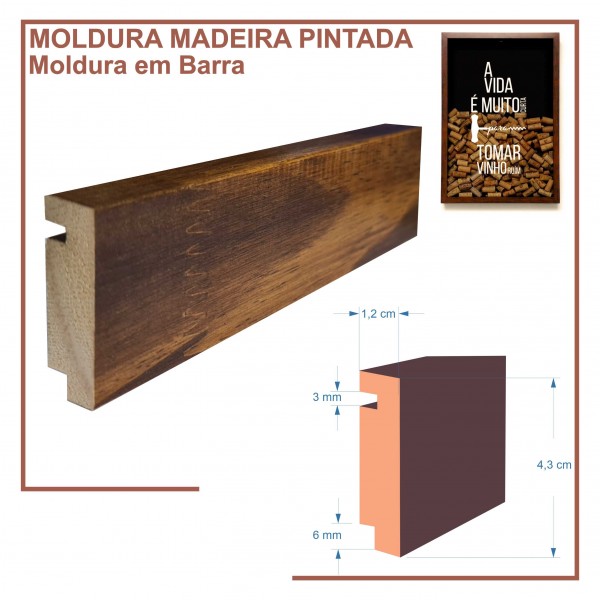 Moldura em Barra cor Madeira natural c/ Betume para Caixa de Rolhas Perfil 4,3x1,2 cm - Barras com 2,7 m