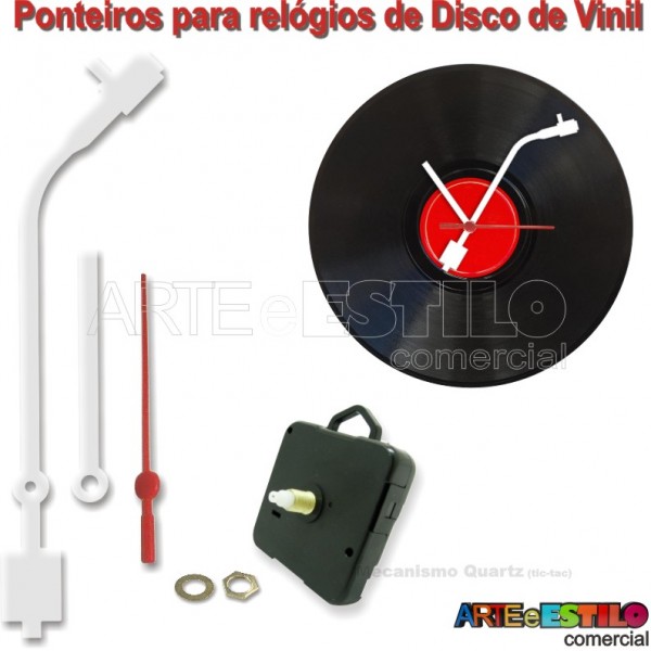 05 Jogos de Ponteiros Grandes mod. Toca Discos 13cm + Mecanismos para relogio de disco de vinil - Cor Branco